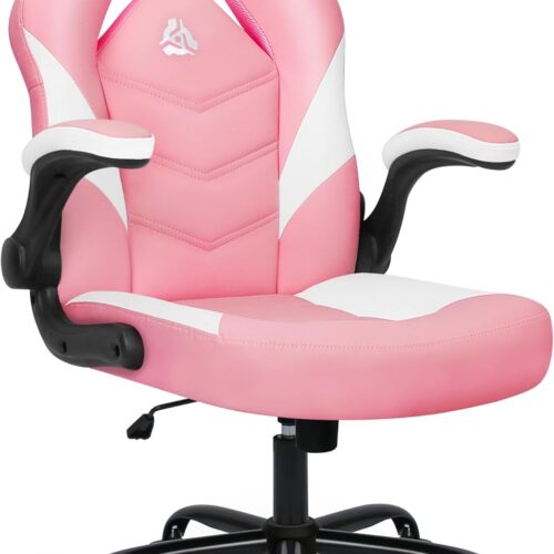 N-GEN Video Gaming Chair Ergonomic Computer Desk Office Chair with Lumbar Support Adjustable Height Swivel Wheels Flip-Up Arms PU Leather Home and Office (Pink)