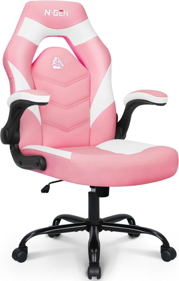 N-GEN Video Gaming Chair Ergonomic Computer Desk Office Chair with Lumbar Support Adjustable Height Swivel Wheels Flip-Up Arms PU Leather Home and Office (Pink)