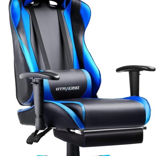 GTRACING Gaming Chair with Footrest, Ergonomic Computer Game Desk Chair, Reclining Game Chair Seat Height Adjustment, Swivel Rocker with Headrest and Lumbar (Blue)