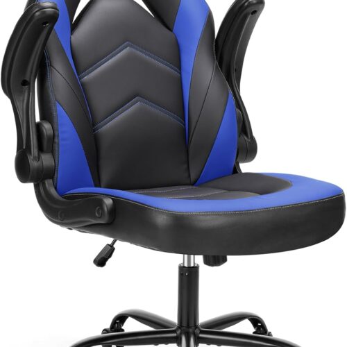 Sweetcrispy Computer Gaming Desk Chair – Ergonomic Office Executive Adjustable Swivel Task PU Leather Racing Chair with Flip-up Armrest for Adults, Kids, Men, Girls, Gamer, Black Blue