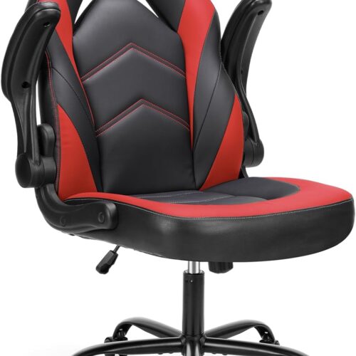 Sweetcrispy Computer Gaming Desk Chair – Ergonomic Office Executive Adjustable Swivel Task PU Leather Racing Chair with Flip-up Armrest for Adults, Kids, Men, Girls, Gamer, Black Red