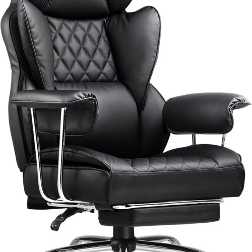 COMHOMA Big and Tall Office Chair, High Back Leather Gaming Chair with Footrest, Executive Ergonomic Office Chair with Pocket Spring Lumbar Support and with Outward Fixed Soft Armrests