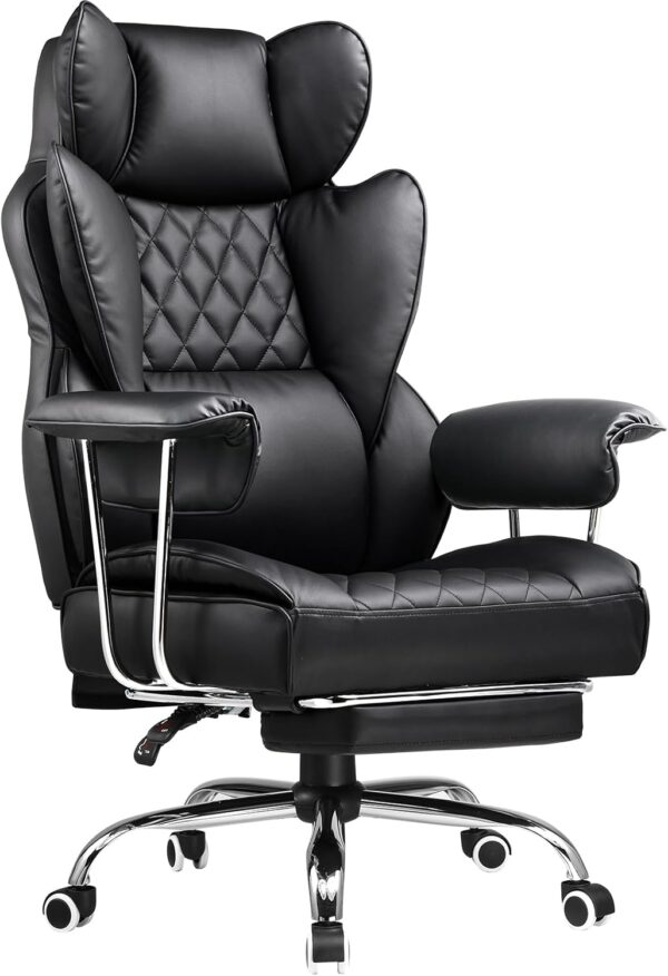 COMHOMA Big and Tall Office Chair, High Back Leather Gaming Chair with Footrest, Executive Ergonomic Office Chair with Pocket Spring Lumbar Support and with Outward Fixed Soft Armrests