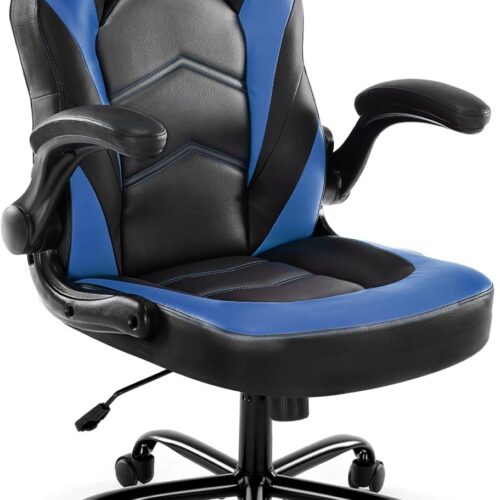 DUMOS Ergonomic Computer Gaming Chair – Home Office Desk with PU Leather Lumbar Support, Height Adjustable Big and Tall Video Game with Flip-up Armrest, Swivel Wheels for Adults and Teens