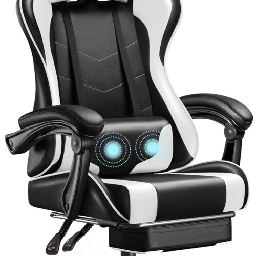 Homall Gaming Chair, Video Game Chair with Footrest and Massage Lumbar Support, Ergonomic Computer Chair Height Adjustable with Swivel Seat and Headrest (White)