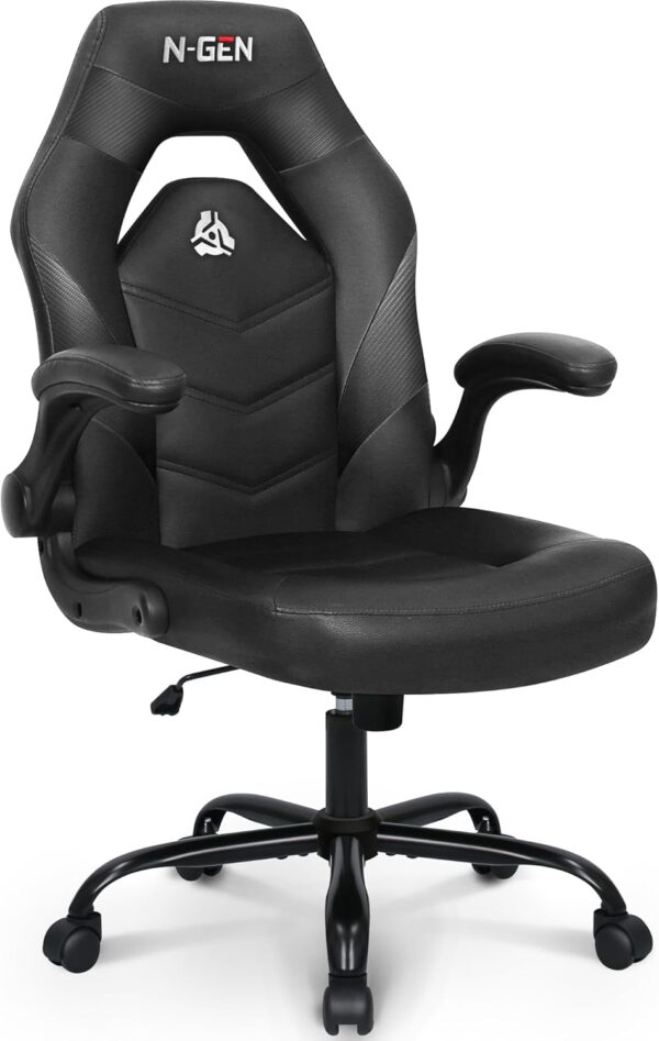 N-GEN Video Gaming Chair Ergonomic Computer Desk Office Chair with Lumbar Support Adjustable Height Swivel Wheels Flip-Up Arms PU Leather Home and Office (Black)