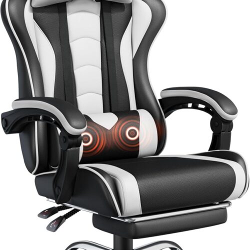 Yaheetech Gaming Chair, Video Game Chair with Massage Lumbar Support and Footrest Height Adjustable Ergonomic Computer Gaming Chair with Swivel Seat and Headrest, Black/White
