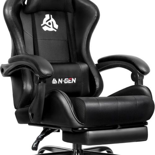 N-GEN GAMING Video Gaming Chair with Footrest Lumbar Support for Home Office High Back Recliner Height Adjustable Ergonomic Comfy Leather Computer Desk Chair (Black)