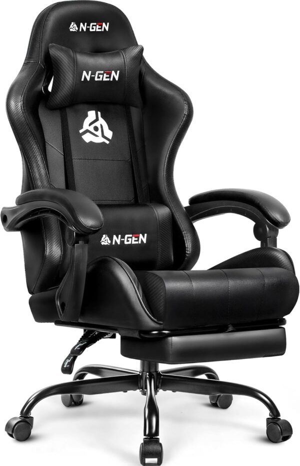 N-GEN GAMING Video Gaming Chair with Footrest Lumbar Support for Home Office High Back Recliner Height Adjustable Ergonomic Comfy Leather Computer Desk Chair (Black)